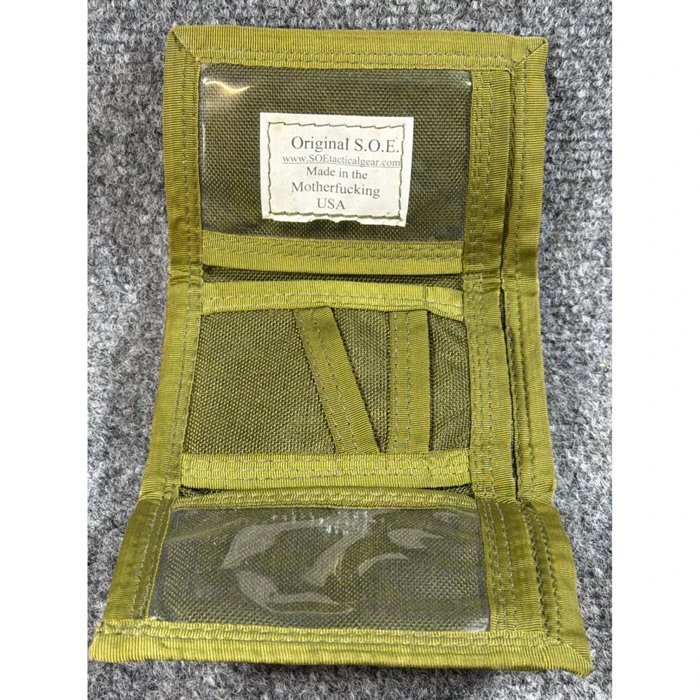 Original S.O.E. Tactical Gear Trifold Wallet OD Green Nylon with Bad Guy Patch